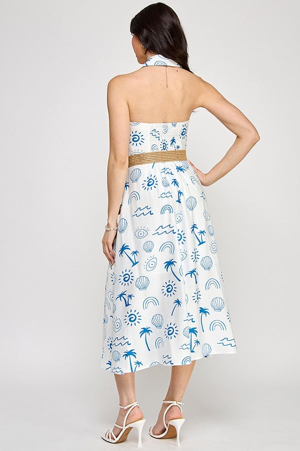 Printed halter button down dress
