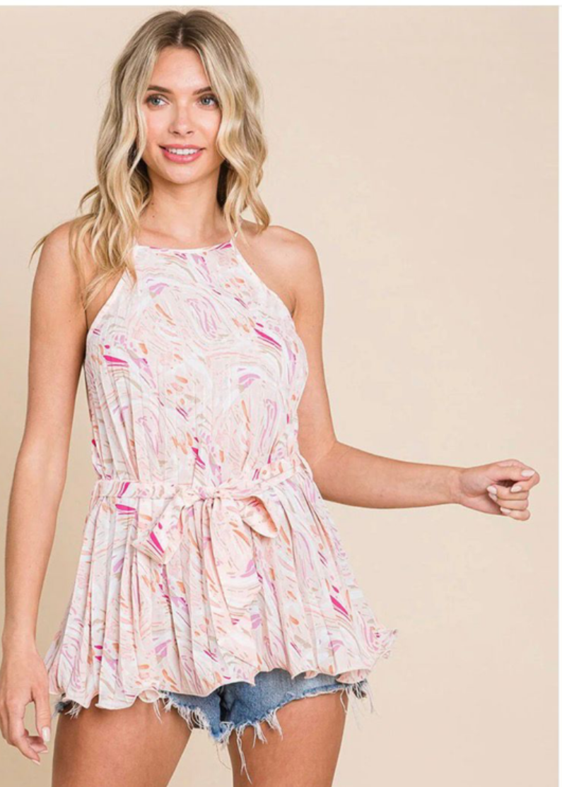 Women’s sleeveless pleated self tie multi print tank top