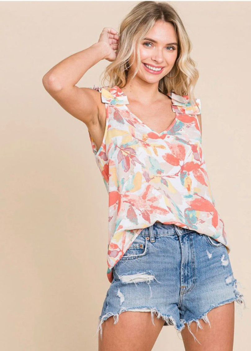 Women’s ruffle, Sleevless V-neck floral tank Top 