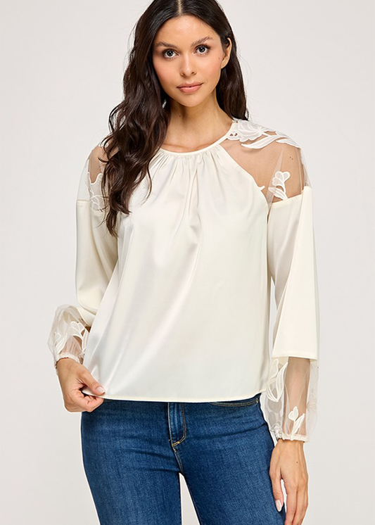 LACE AND SATIN CREW NECK WITH VOLUME LONG SLEEVE BLOUSE