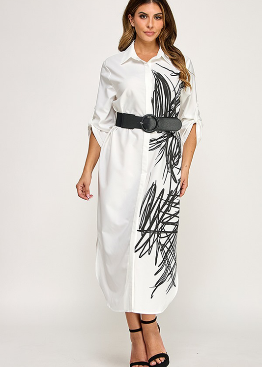 ROLLED UP 3/4 LV BELTED MIDI SHIRT DRESS