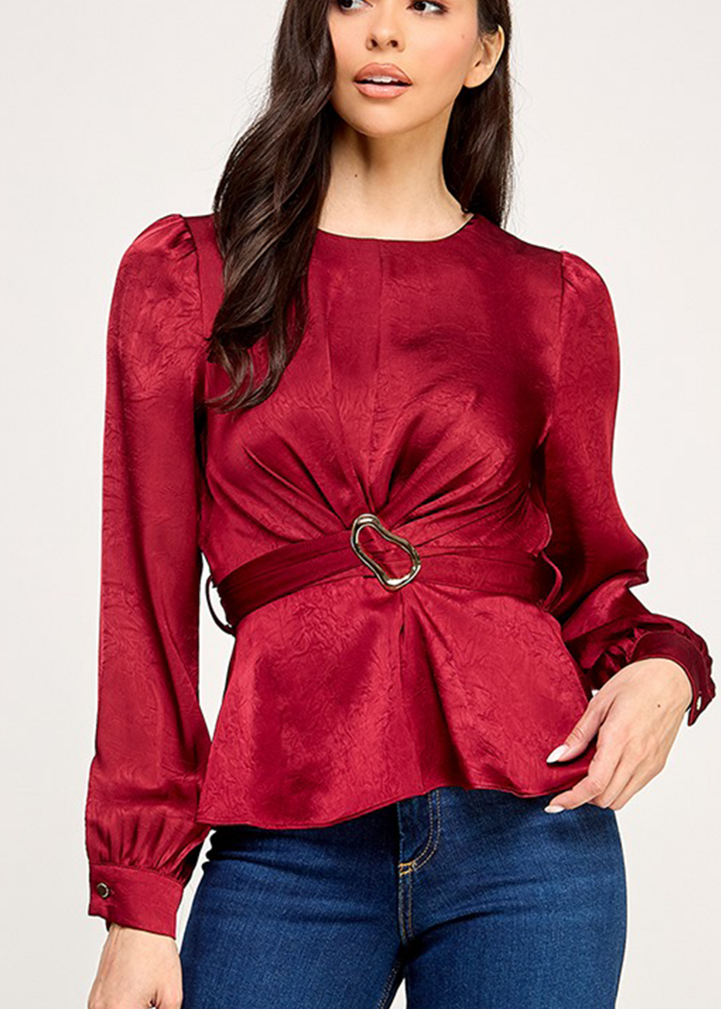 LSLV PEPLUM TWIST FRONT TOP W/ WAIST BUCKLE TRIM | RED