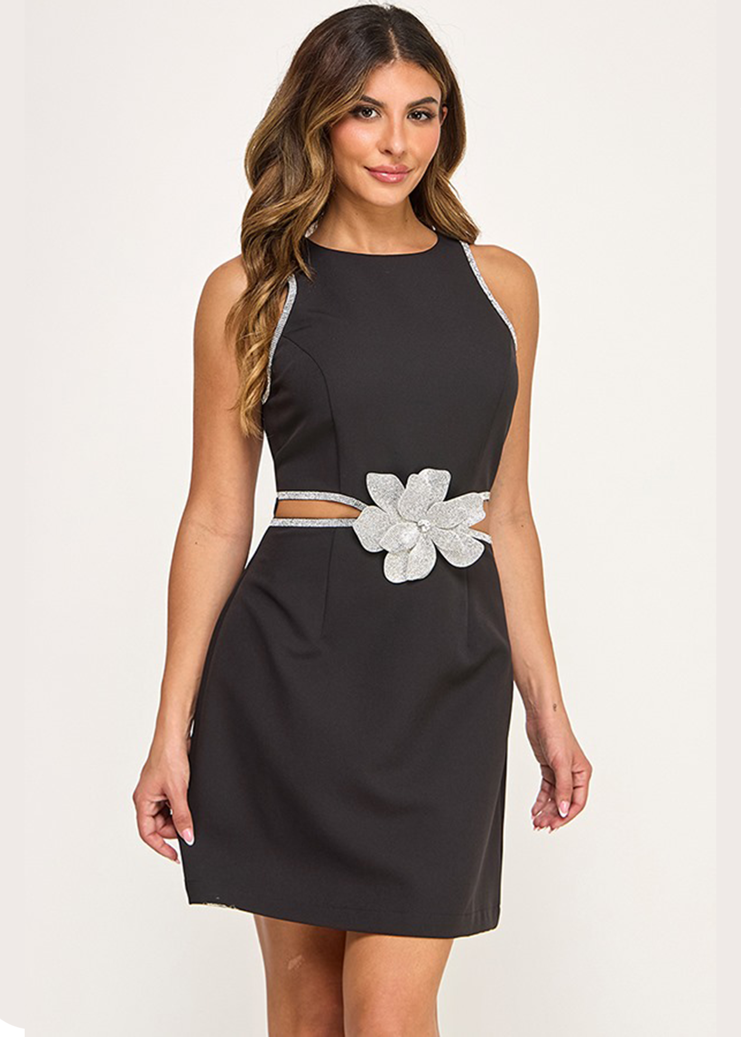 SLVLS MINI DRESS W/ BLING FLOWER DETAIL | BLACK