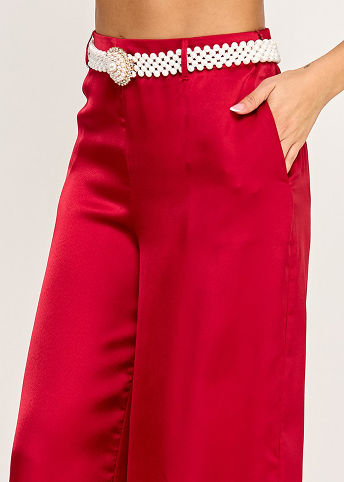 WIDE LEG SATIN PANTS W/ PEARL GOLD BUCKLE BELT | RED