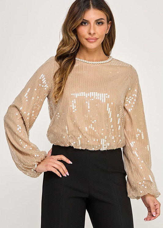 LSLV PEARL NECK TRIM DETAIL BUBBLE HEM SEQUIN TOP