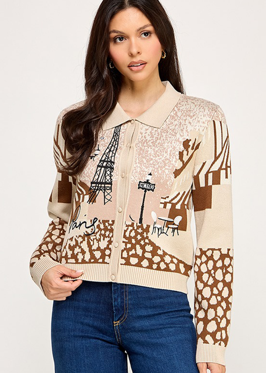 ACQUARD & EMBROIDERY LONG SLEEVE SWEATER CARDIGAN COLOR CREMA