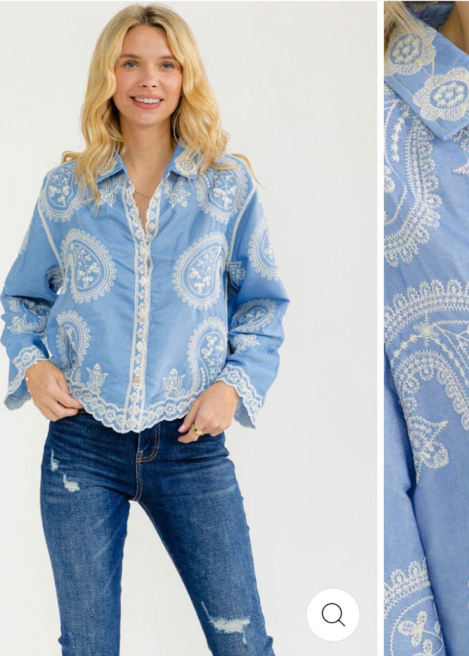 WOMAN’S LONG SLEEVE BUTTON UP EMBROIDERY BLOUSE