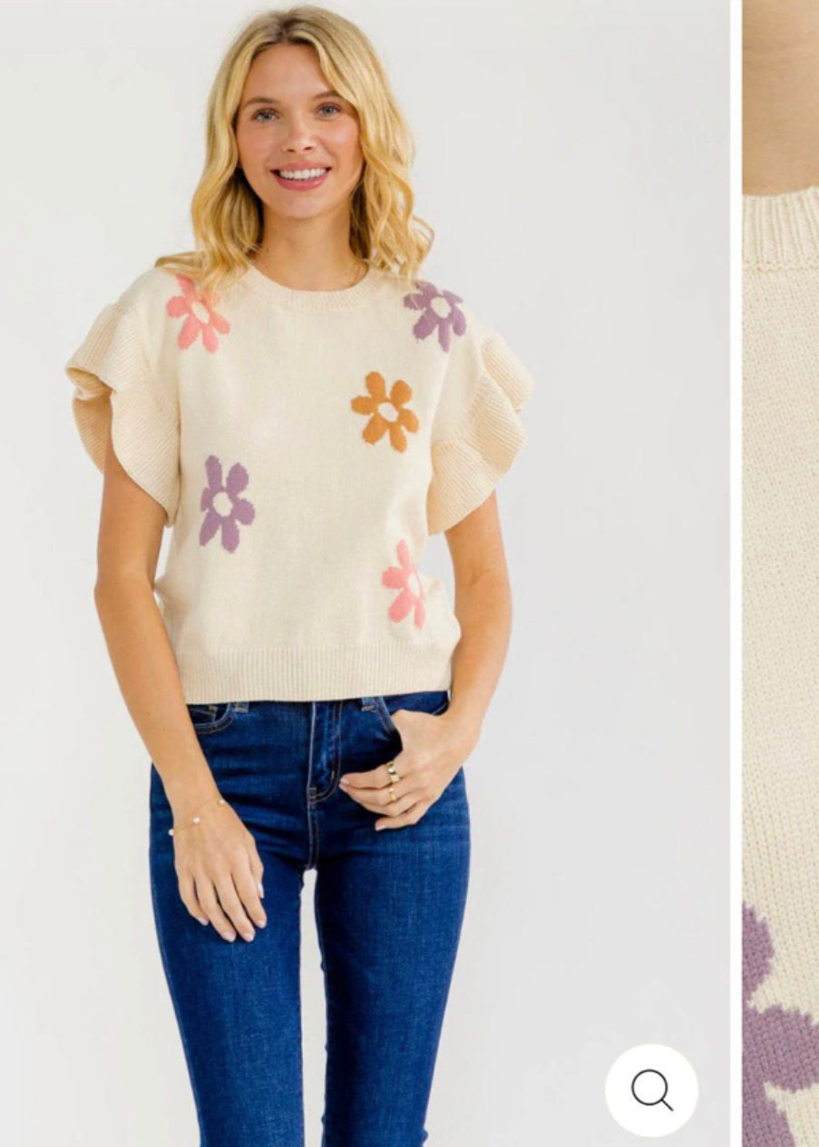 Women’s SHORT RUFFLE SLEEVE FLOWER PRINT BLOUSE