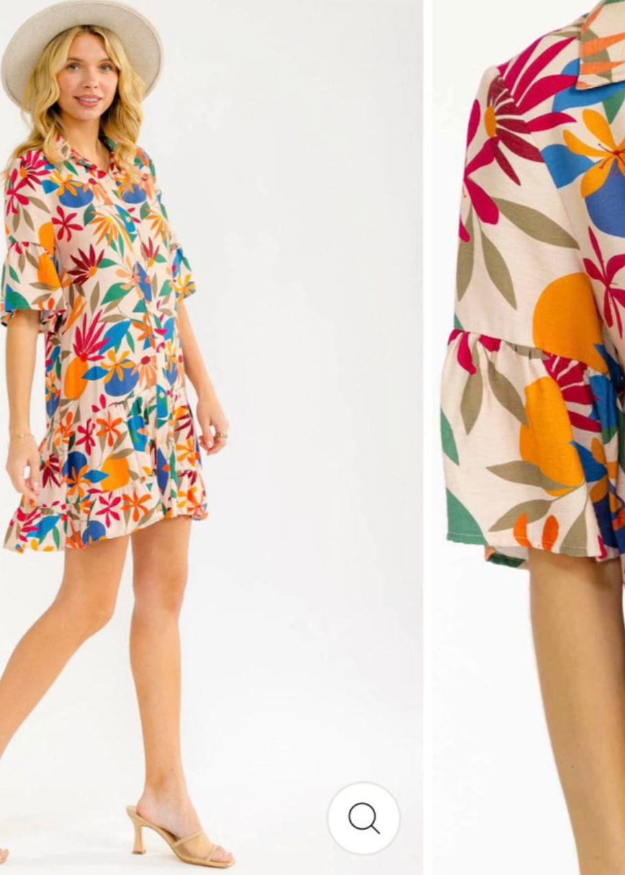 Women short sleeve button up front pockets floral mini dress