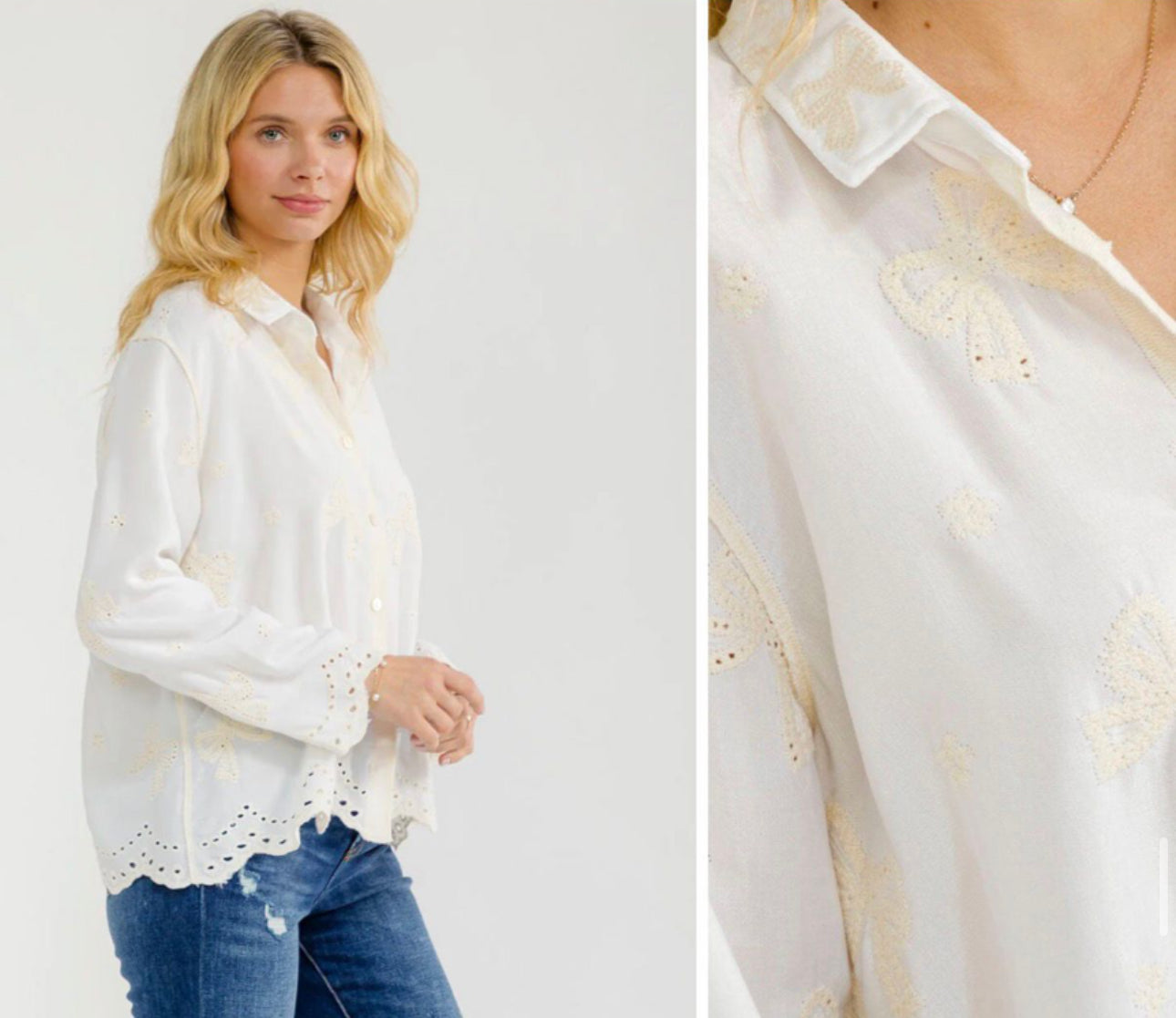 Women’ s long sleeve button up bows embroidery blouse
