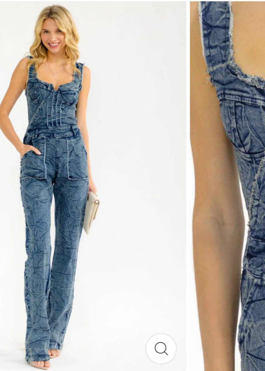 Women’s sleeveless pockets straight leg Stretch Denim washwd jumpsuit