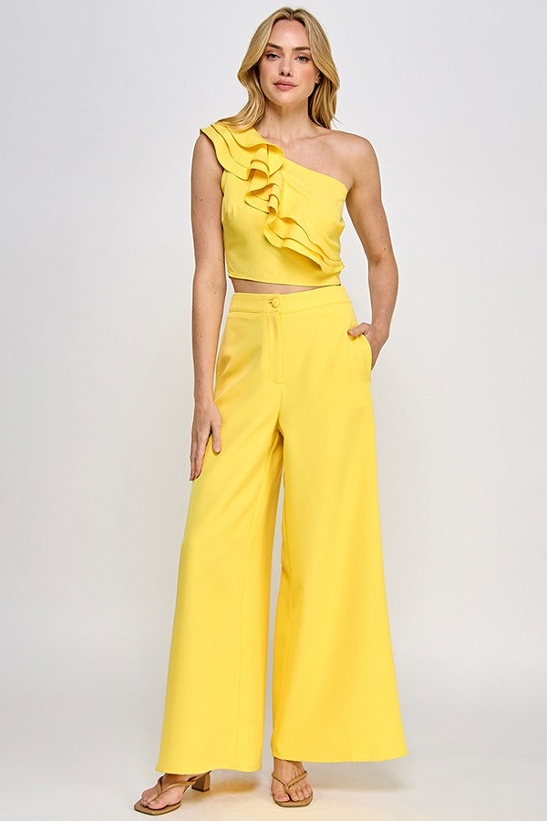 ONE SHOULDER RUFFLE DETAIL TOP W/ WIDE LEG PANTS SET
