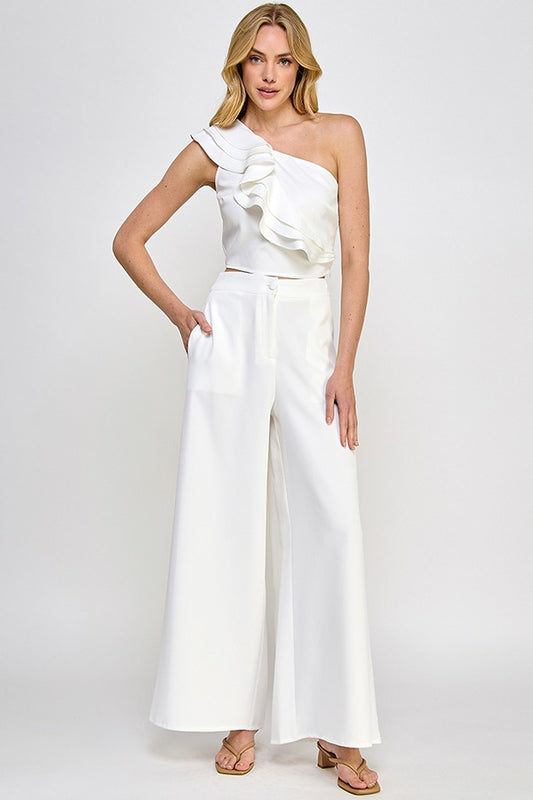 ONE SHOULDER RUFFLE DETAIL TOP W/ WIDE LEG PANTS SET