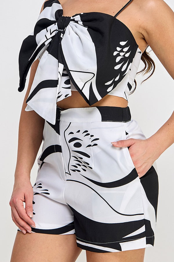 PRINTED CAMI FRONT BIG BOW DETAIL TOP W/SHORT SET