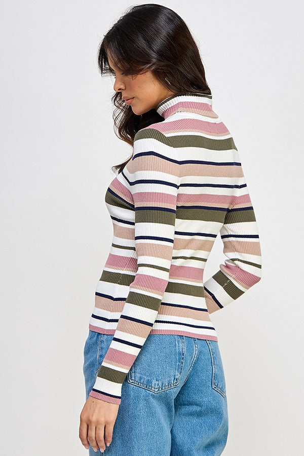STRIPE TURTLENECK SWEATER TOP | Mauve