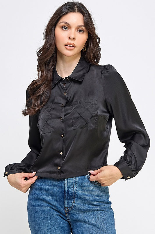 LSLV BUTTON DOWN TOP W/ DIAMOND PLEAT IN POCKET