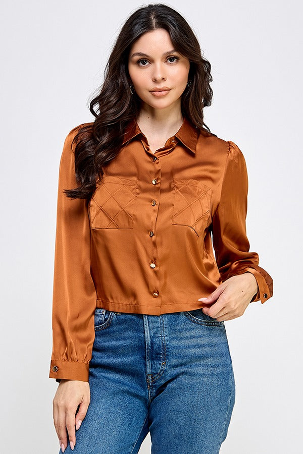 LSLV BUTTON DOWN TOP W/ DIAMOND PLEAT IN POCKET