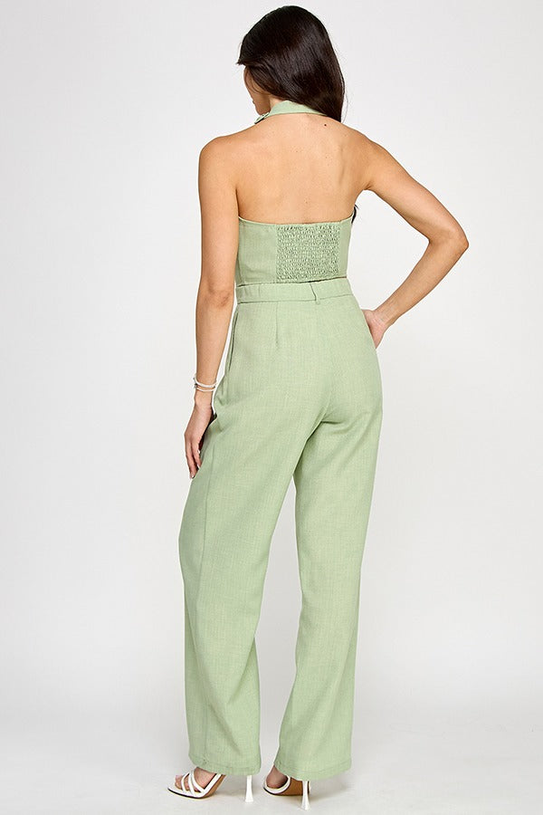 HALTER NECK VEST W/ BUCKLE DETAIL AND STRAIGHT PANTS SET COLOR SAGE