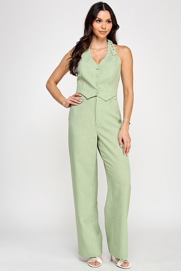HALTER NECK VEST W/ BUCKLE DETAIL AND STRAIGHT PANTS SET COLOR SAGE