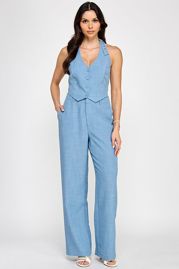 HALTER NECK VEST W/ BUCKLE DETAIL AND STRAIGHT PANTS SET COLOR Blue