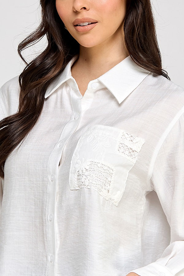 LSLV BUTTON DOWN TOP W/ CONTRAST POCKET DETAI