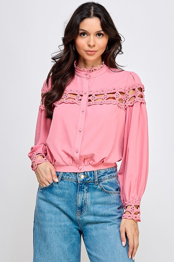 TRIM DETAIL LSLV BUTTON DOWN BAND BOTTOM TOP| Coral Color