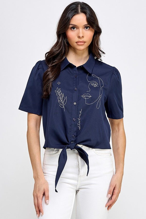 PUFF SSLV EMBROIDERY COLLAR SHIRT TOP | Navy Color