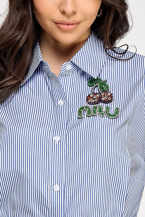 STRIPE PRINTED LSLV BUTTON DOWN CROP TOP W/ EMBELLISHMENT