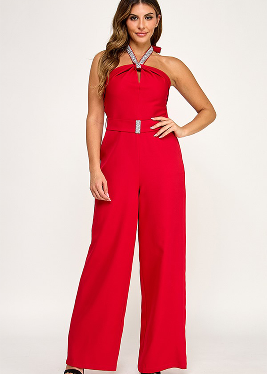 EMBELLISHED TRIM HALTER NECK JUMPSUIT W/ BELT | RED