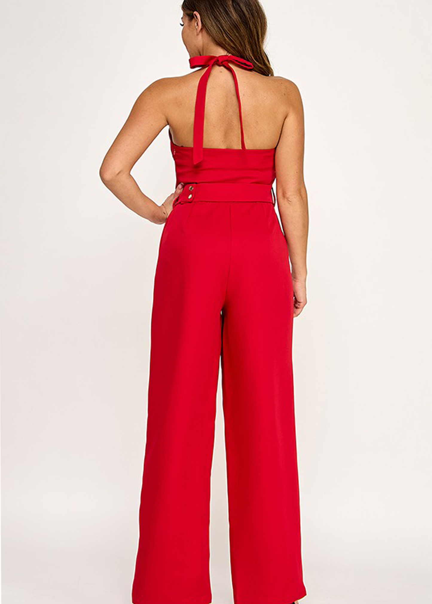 EMBELLISHED TRIM HALTER NECK JUMPSUIT W/ BELT | RED