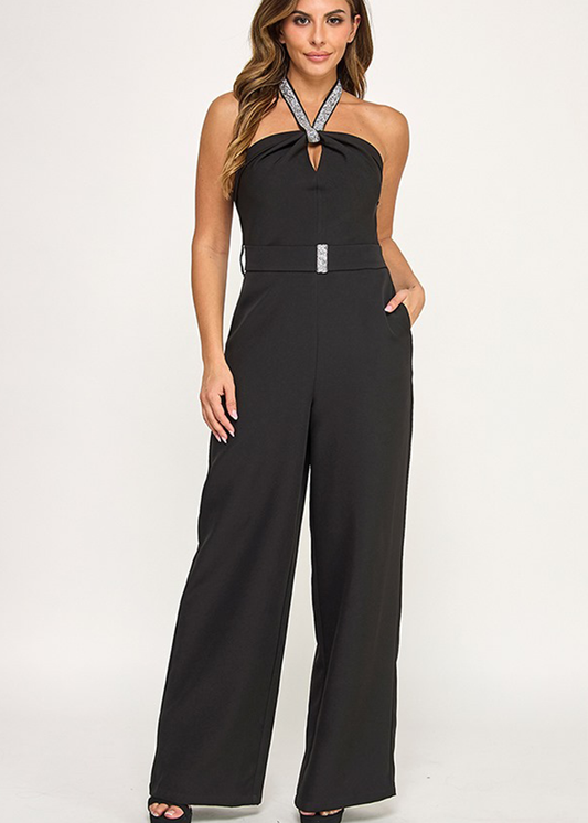 EMBELLISHED TRIM HALTER NECK JUMPSUIT W/ BELT | BLACK