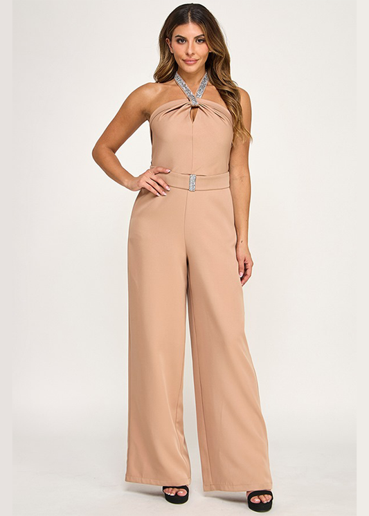 EMBELLISHED TRIM HALTER NECK JUMPSUIT W/ BELT | MOCHA