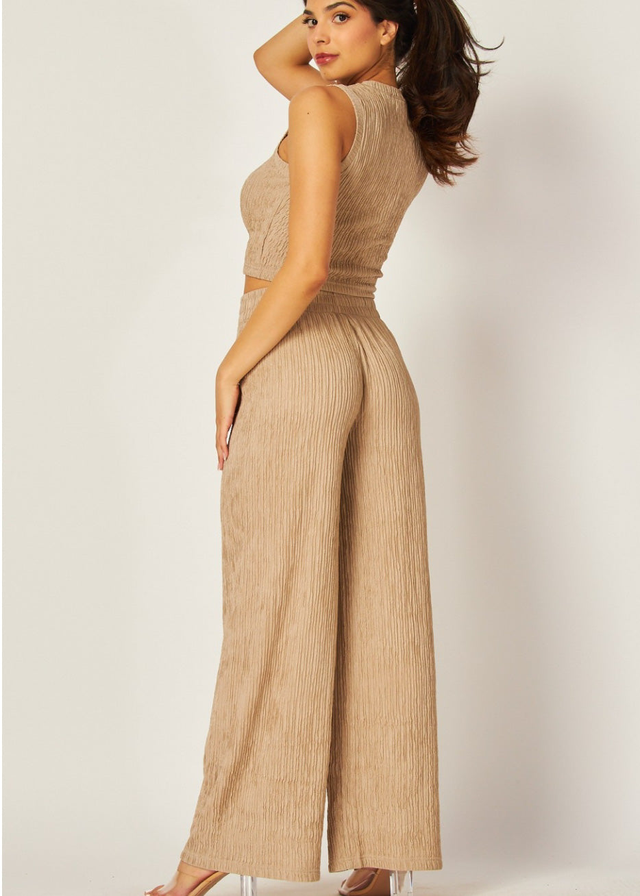 2 PC Set Khaki | Tank Top | Elastic waistband pull on wide leg pants