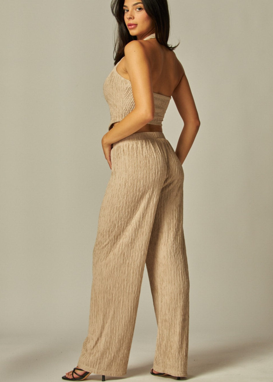 Crinkled Plisse Vest 2pc Pants Set | Khaki