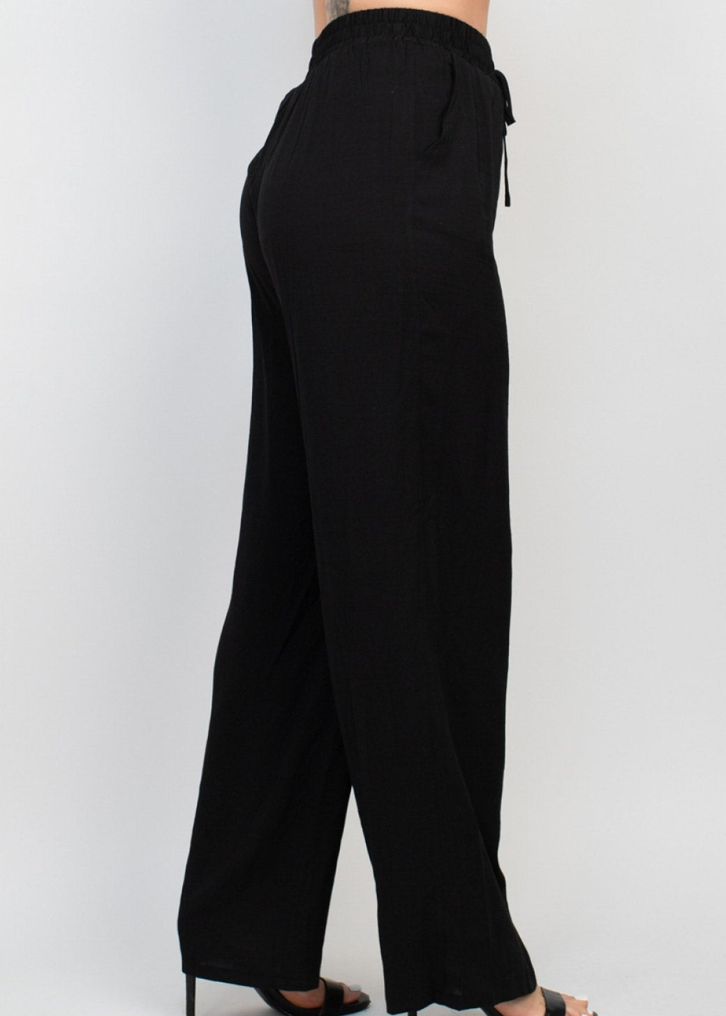 Elastic Side Pocket Linen Pants Negro