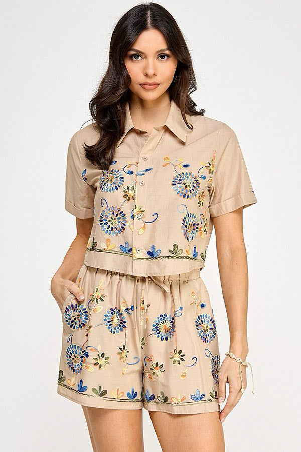 SSLV BUTTON DOWN TOP ANDS SHORTS SET W/ EMBROIDERY