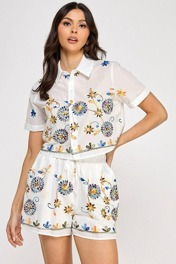 SSLV BUTTON DOWN TOP ANDS SHORTS SET W/ EMBROIDERY | OFF WHITE6
