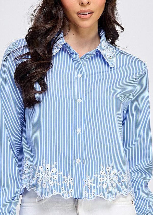 STRIPE PRINTED LSLV BUTTON DOWN TOP W/ EMBROIDERY EDGE DETAIL | AZUL Oscuro |LTBLUE / OFF WHITE