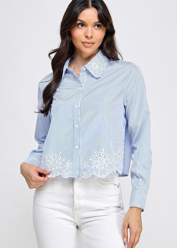 STRIPE PRINTED LSLV BUTTON DOWN TOP W/ EMBROIDERY EDGE DETAIL | AZUL CLARO |LTBLUE / OFF WHITE