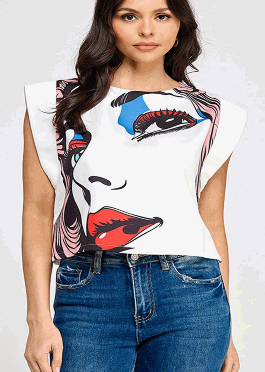 CAP SLV TOP W/ PLACEMENT PRINT