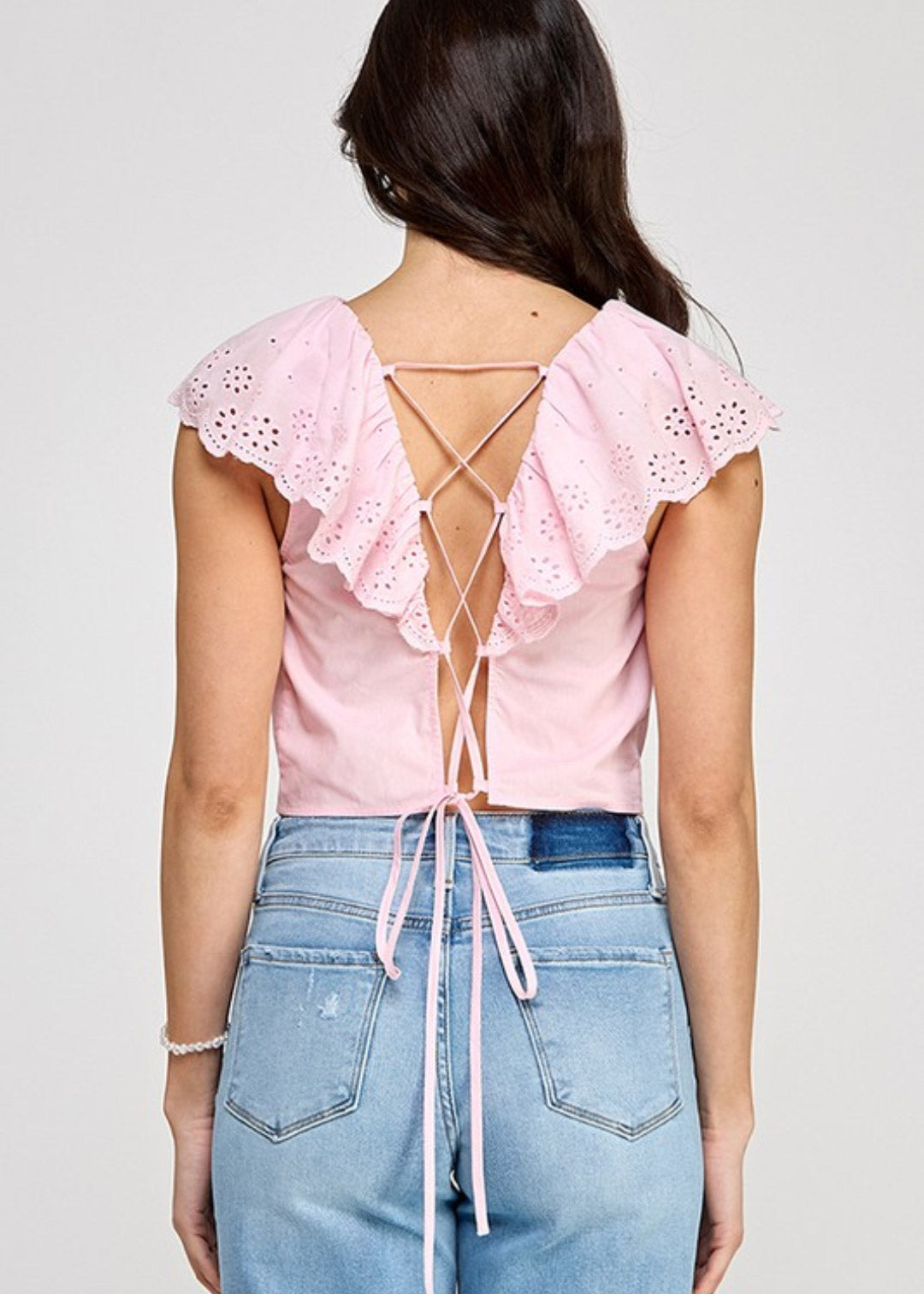 CONTRAST RUFFLE SLV TOP W/ LACE UP