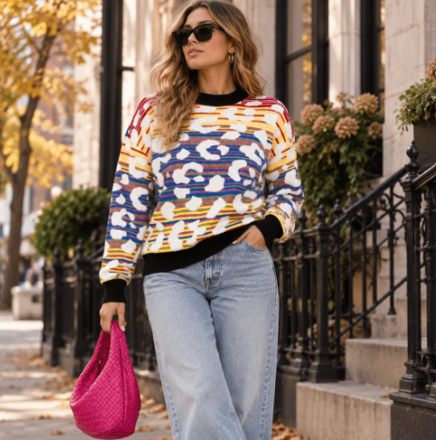 WOMEN'S LONG SLEEVE COLORBLOCK ANIMAL PRINT PULLOVER SWEATER