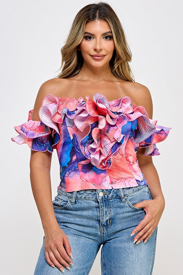 PRINTED MICRO PLEAT RUFFLE OFF SHOULDER TOP