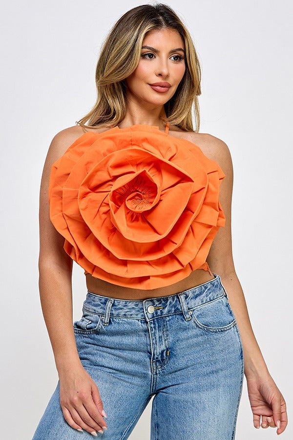 HALTER NECK OVER SIZE FLOWER DETAIL CROP TOP
