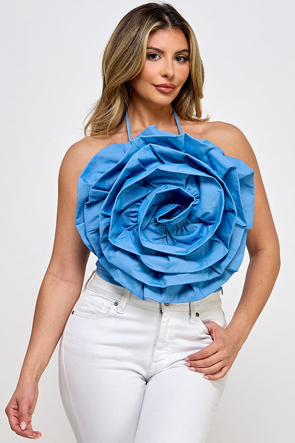 HALTER NECK OVER SIZE FLOWER DETAIL CROP TOP