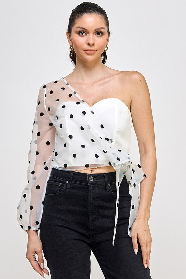 ONE SHOULDER TOP W/ DOTTED ORGANZA CONTRAST