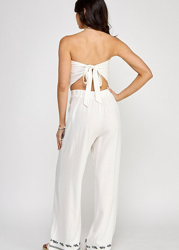 EMBROIDERY HANDKERCHIEF HEM TUBE TOP W/PANTS SET | WHITE