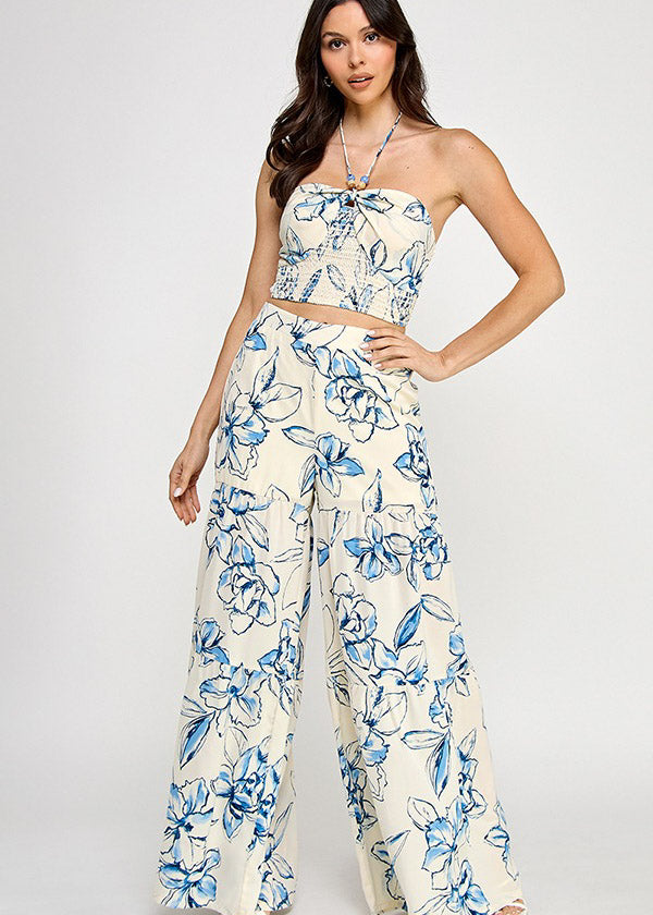 HALTER NECK SMOCKED TOP W/TIERED PANTS SET