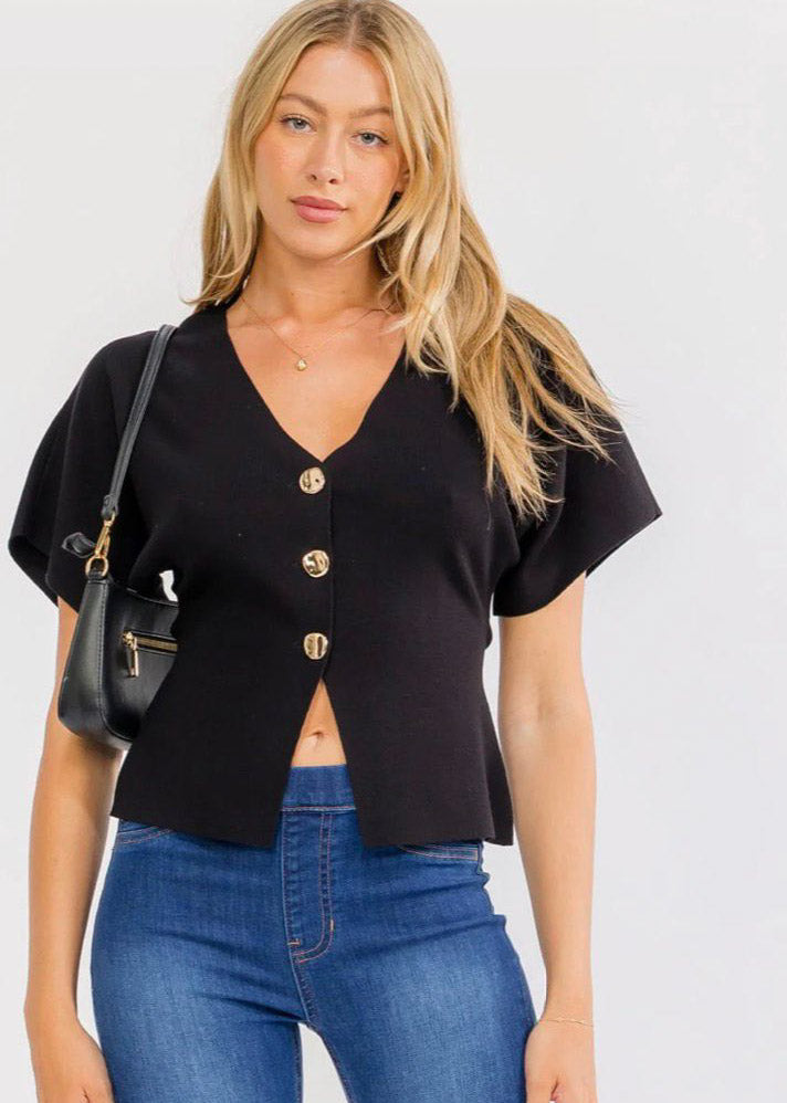 COLOR NEGRO | WOMEN'S SHORT SLEEVE V-
NECK BUTTON UP RIBBED
BLOUSE