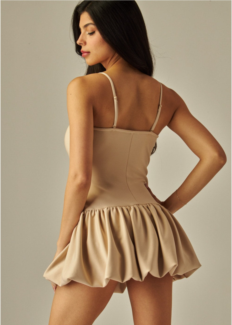 Sleeveless Balloon Skirt Mini Dress w Thin Straps | Color Crema